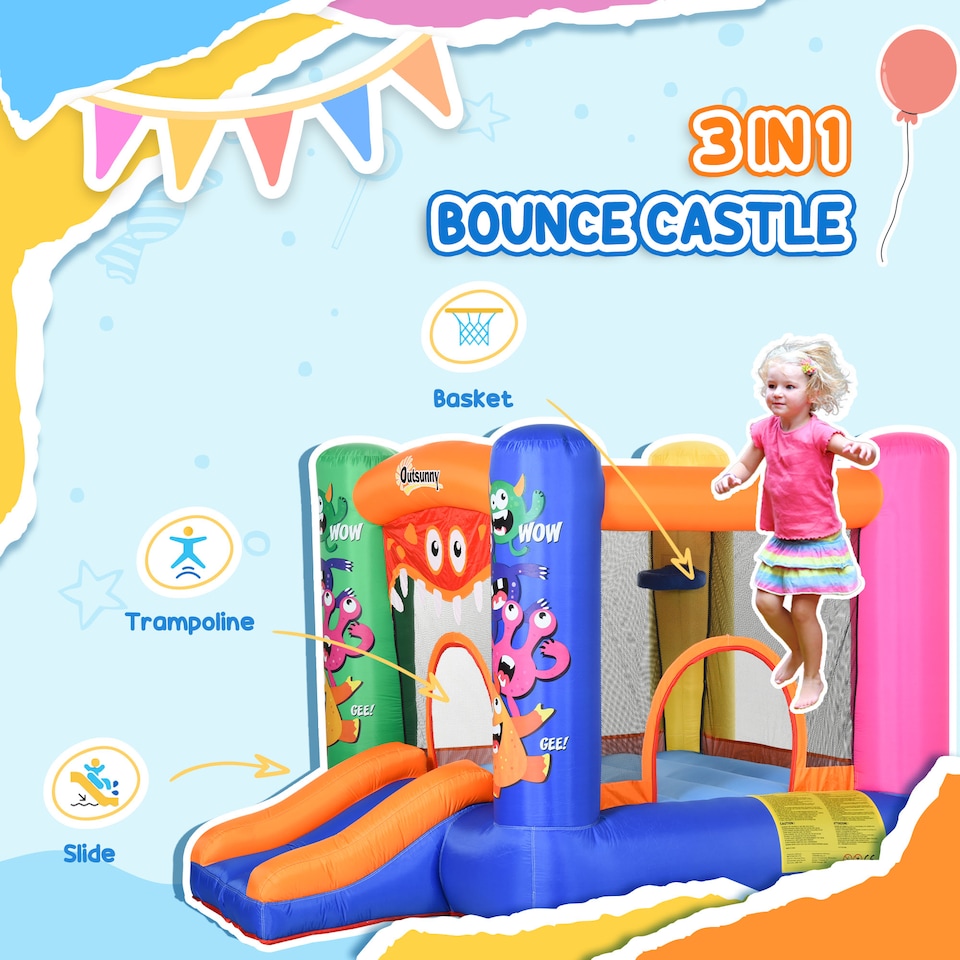 image 1 of Outsunny Bouncy Castle with Slide Basket Trampoline Monster Design