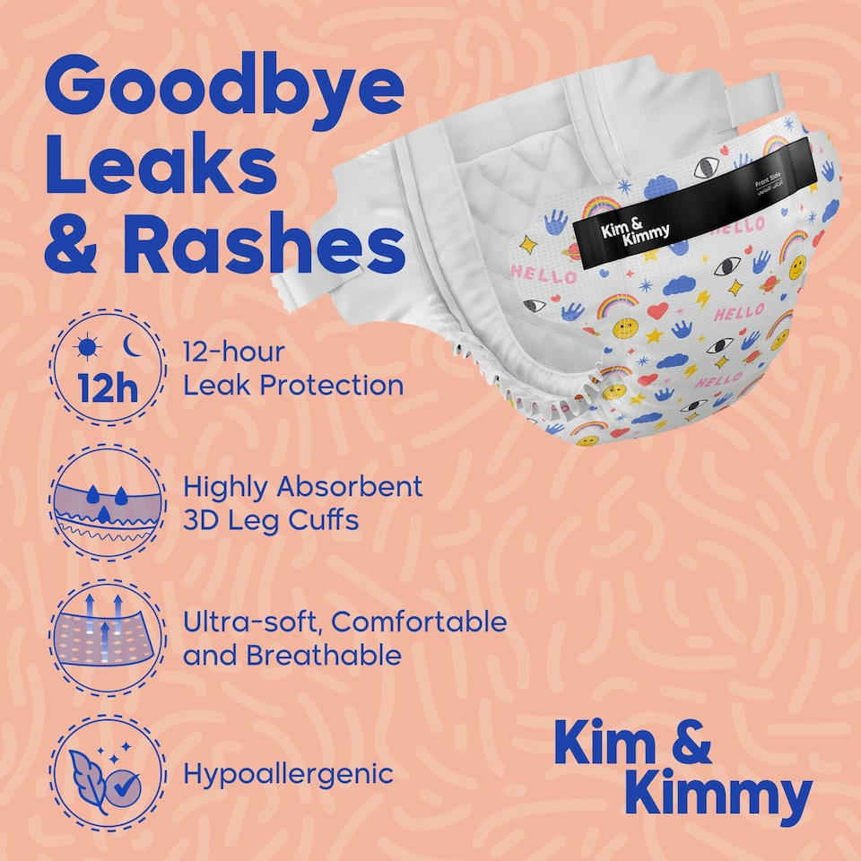 image 1 of Kim & Kimmy Nappies, Size 4, 9-14kg, 52 Pack, Funny Icons