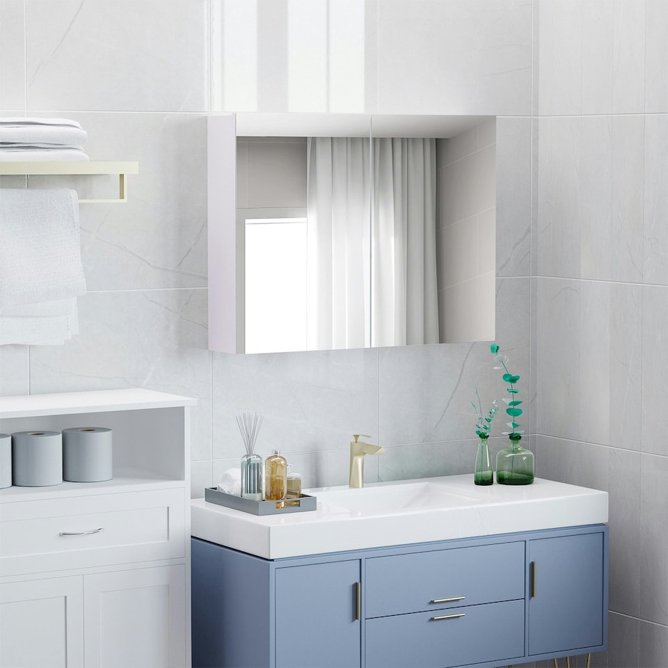 image 1 of HOMCOM Bathroom Mirror Cabinet Wall Mounted, 80 x 15 x 60 cm, White