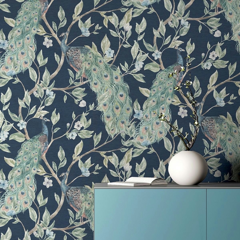 image 1 of World Of Wallpaper Keeka Peacock Wallpaper - Navy - 10m x 53cm | Blue