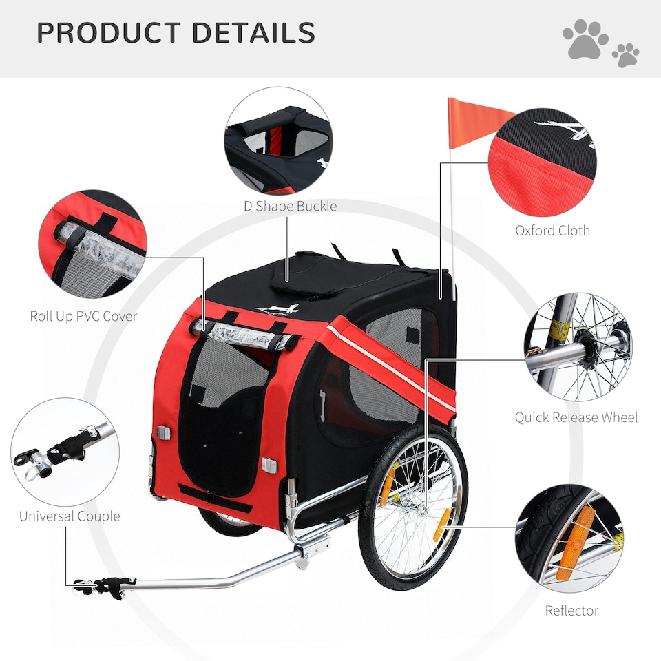image 1 of PawHut Pet Bicycle Trailer Dog Cat Bike Carrier Water Resistant Red Outdoor