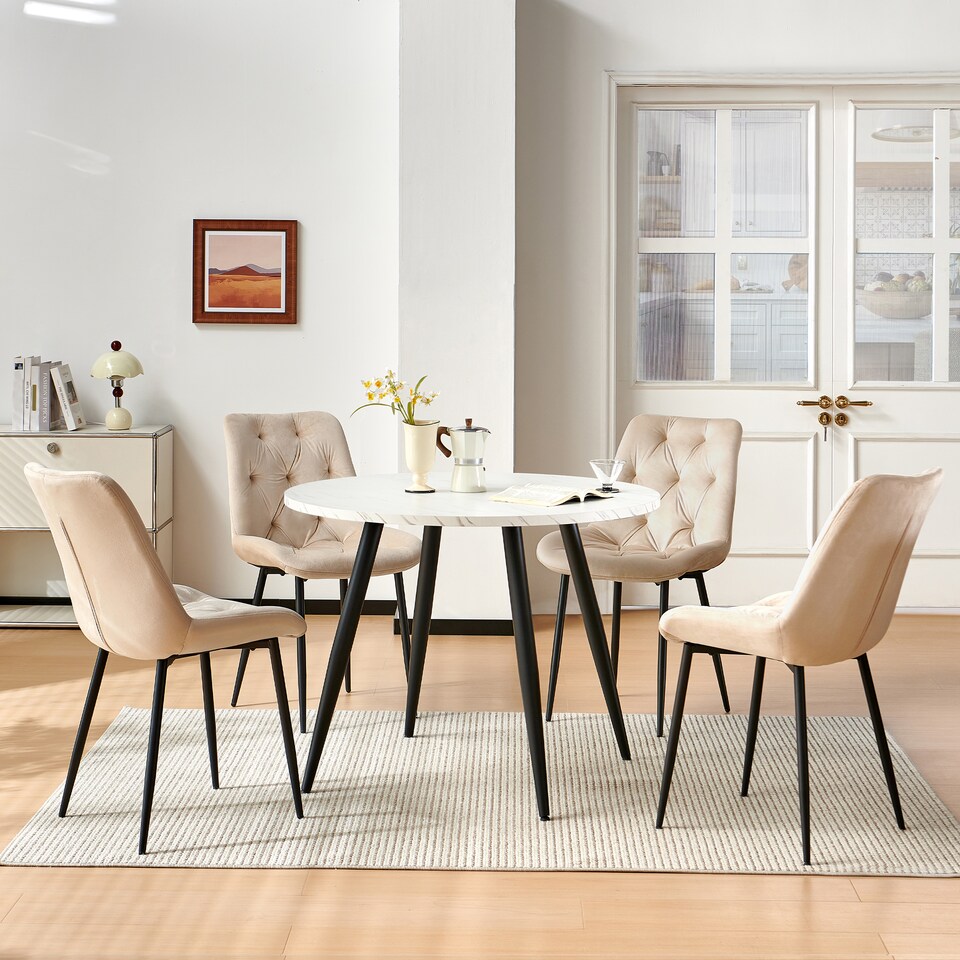 image 1 of SONARA White Marble Round Dining Table and 4 Velvet Chairs Set Modern 4 Seater for Dining Room