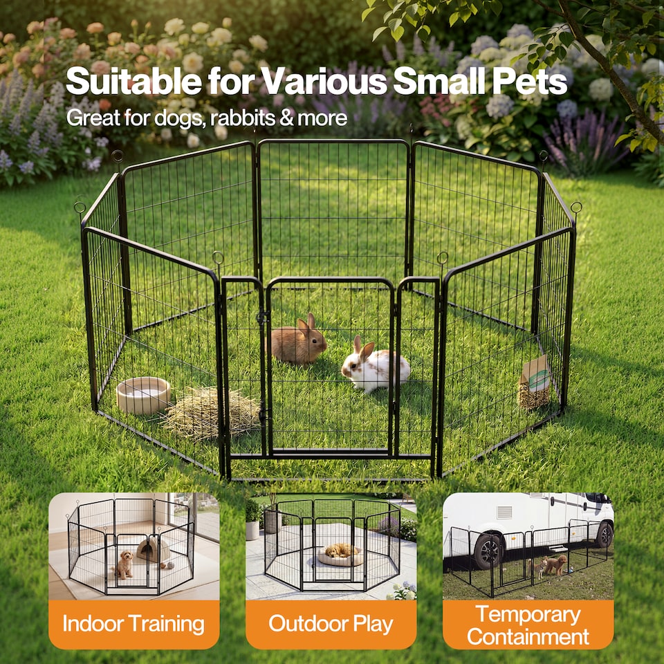 image 1 of Skylos Dog Pen 8 Panel Steel Playpen Foldable Indoor Outdoor Pet Enclosure Black