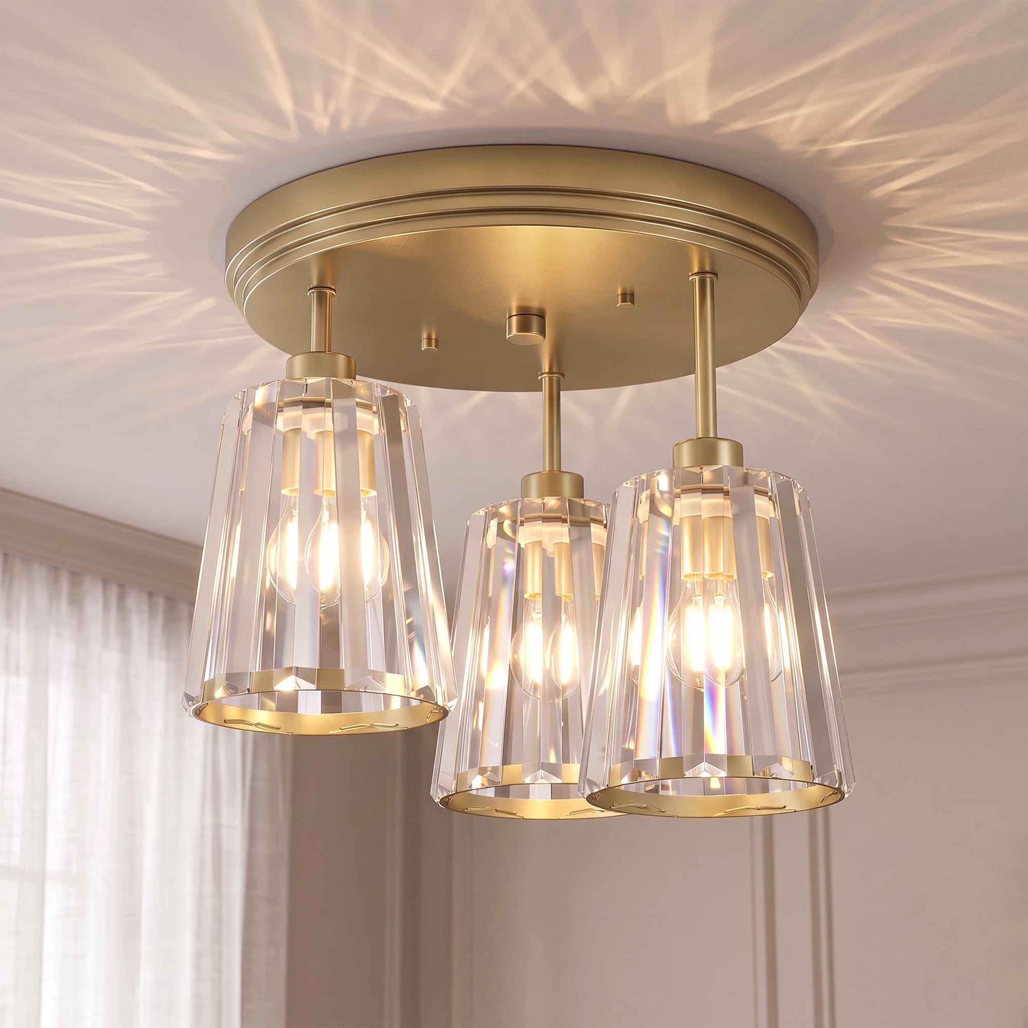 HOMCOM 3-Light Crystal Glass Ceiling Light, 40W, 3 E27 Sockets, Gold Tone, Gold
