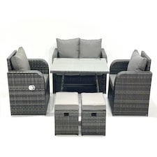 Fimous Outdoor Garden Furniture Set Rattan Sofa Dining Table Set with Reclining Chair 2 Small Footstool Dark Grey Mixed