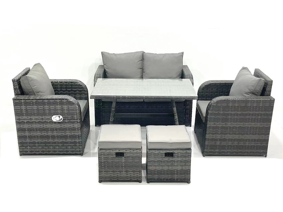 image 1 of Fimous Outdoor Garden Furniture Set Rattan Sofa Dining Table Set with Reclining Chair 2 Small Footstool Dark Grey Mixed