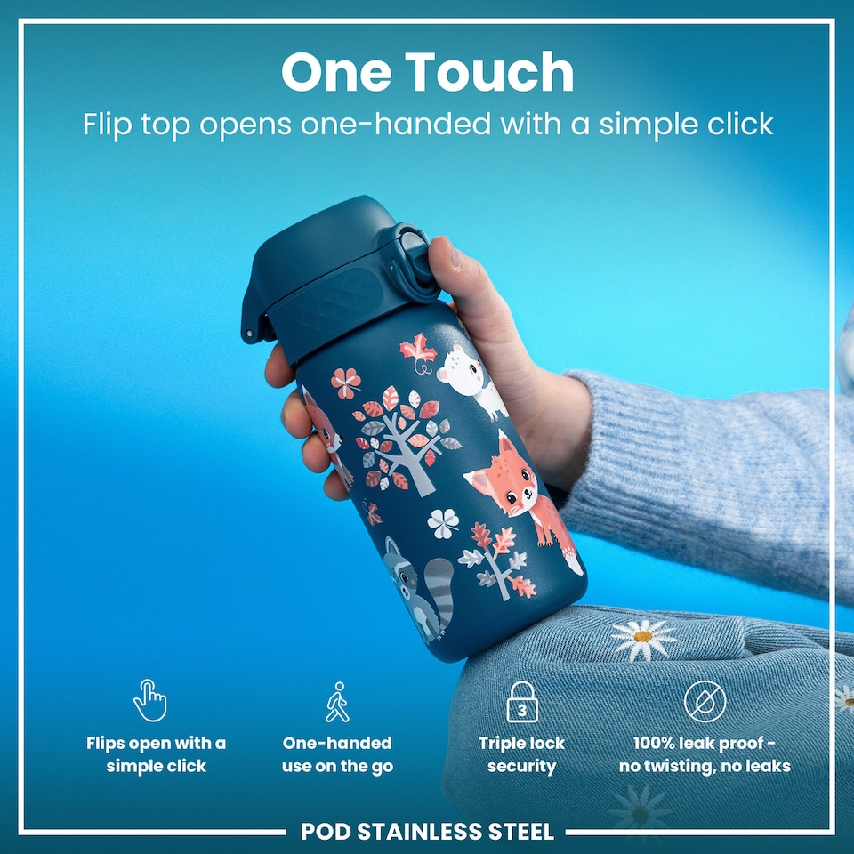 image 1 of Leak Proof Kids Water Bottle, Stainless Steel, 400ml (13oz) | Blue | Forest Animals | One Size