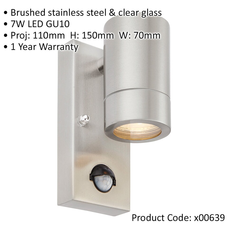 image 1 of Outdoor IP44 Wall Downlight with PIR Sensor - 7W GU10 LED - Brushed Steel