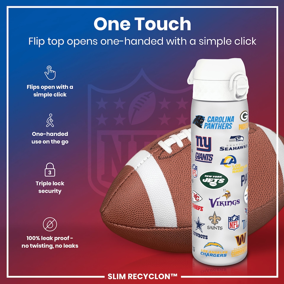 image 1 of Leak Proof Slim Water Bottle, BPA Free, NFL, 500ml (18oz) | White | NFL Multi Teams | One Size