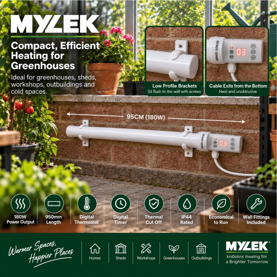 image 1 of Mylek Tubular Heater 180W - 1500mm - Low Energy Tube - Built in Thermostat And Mounting Brackets Greenhouse, Garage, Caravan