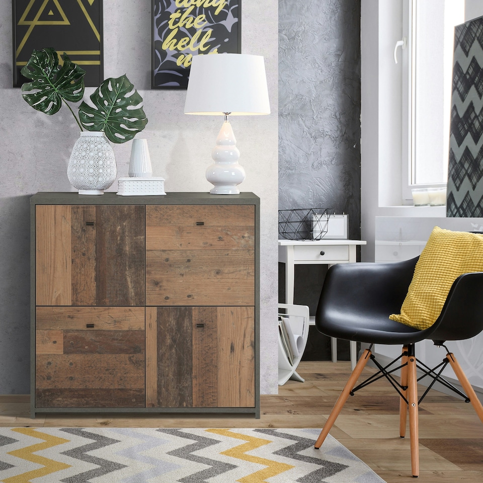 image 1 of Best Chest Storage Cabinet with 4 Doors in Concrete Optic Dark Grey/Old - Wood Vintage