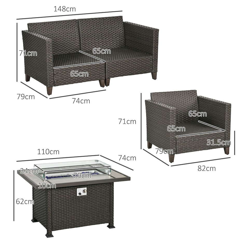 image 1 of Outsunny 5 PCs Rattan Garden Furniture Set with Gas Fire Pit Table, Brown
