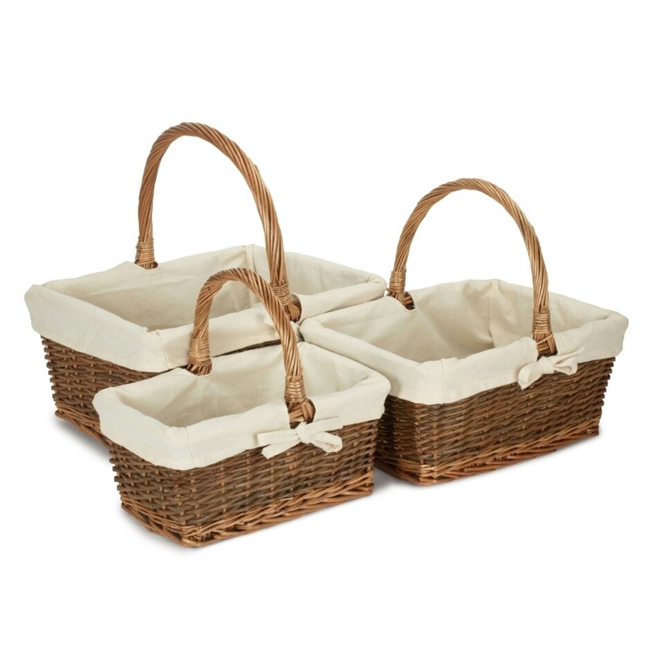 image 1 of Rectangular Unpeeled Willow Shopping Basket with White Lining White | White | L
