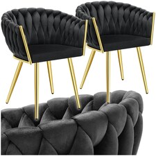 Dining Chair Astano - padded, velvet, knot design, continuous backrest - Set of 2 Black | Black/Gold