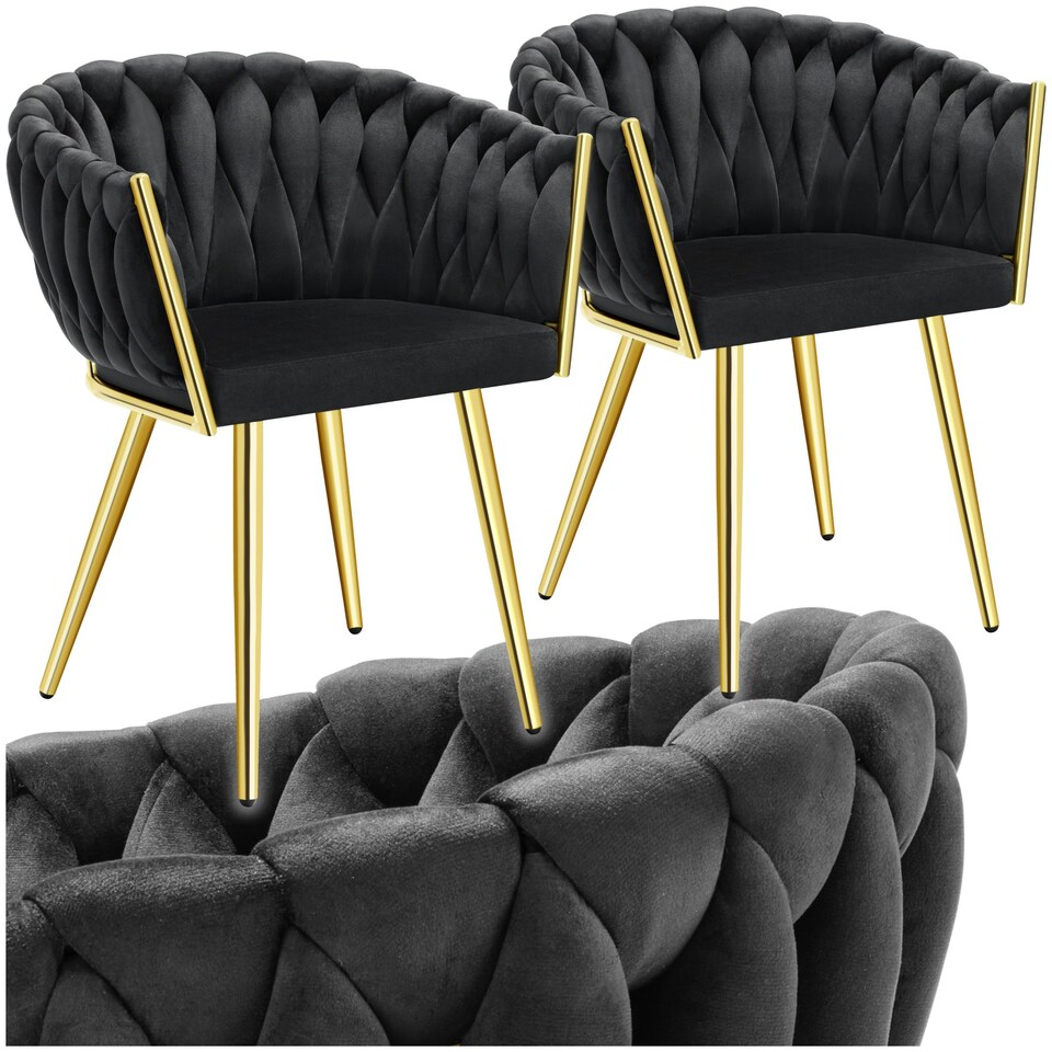 image 1 of Dining Chair Astano - padded, velvet, knot design, continuous backrest - Set of 2 Black | Black/Gold
