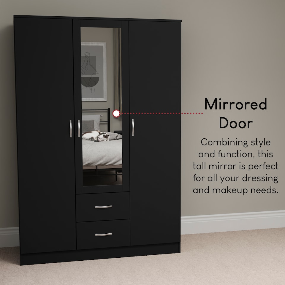 image 1 of Vida Designs Riano 3 Door 2 Drawer Mirrored Wardrobe With Shelf & Clothes Rail, Black