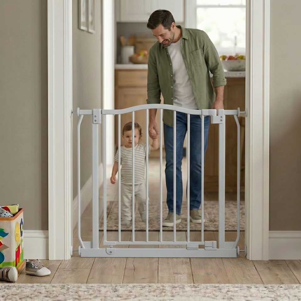 image 1 of Safetots Curved Top Safety Gate, 207cm - 216cm, Matt Grey, Pressure Fit Stair Gate, Baby Gate for Doors Hallways and Spaces, Safety Barrier, Easy Installation