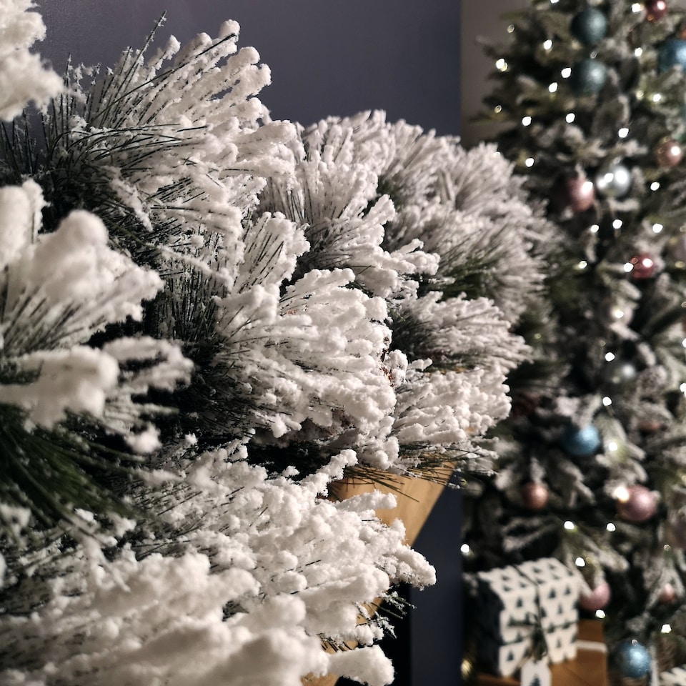 image 1 of 6ft (1.8m) Premier Christmas Snow Flocked Green Garland with Pine Cones