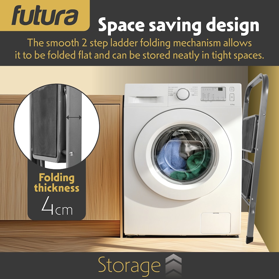 image 1 of Futura 2 Step Ladder Grey, Heavy-Duty Steel Folding Home DIY Step Stool with Wide Non-Slip Steps & Anti Slip Feet 150kg Capacity