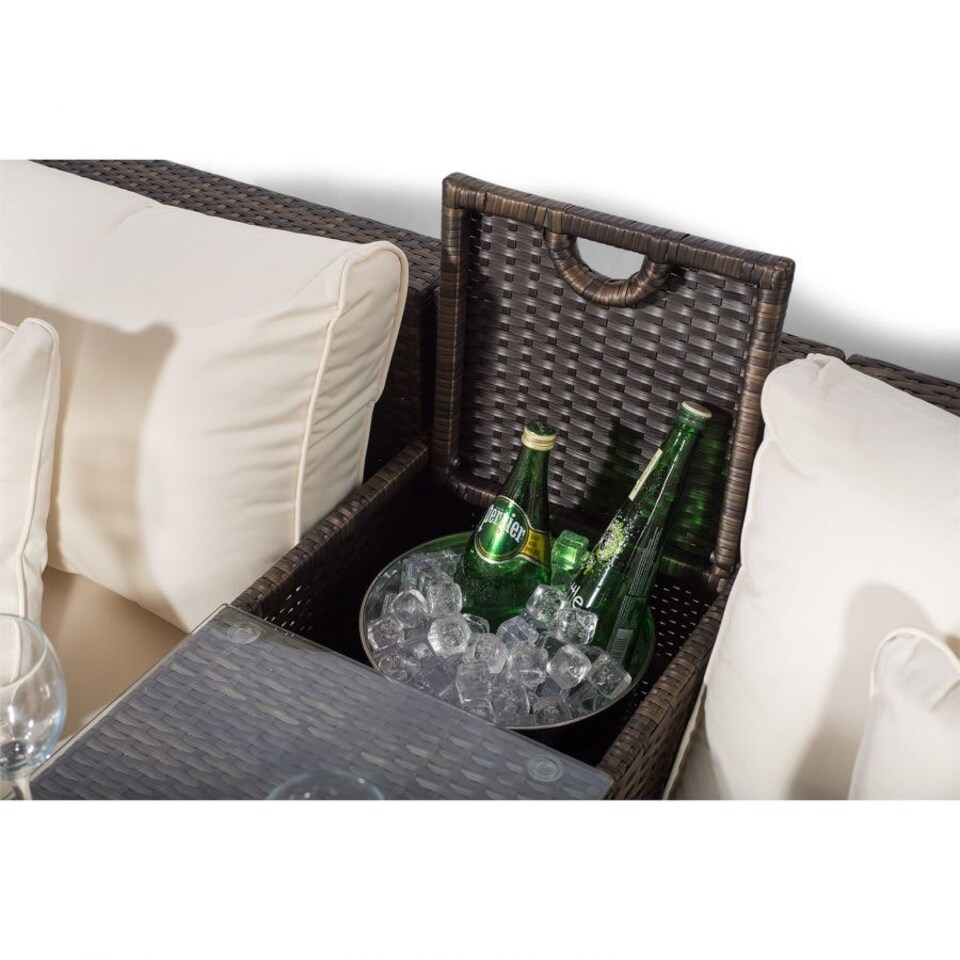 image 1 of Santorini U Shape Modular 10 Seat Rattan Sofa Set With Armrest Drinks Cooler, 2 Coffee Tables & 4 Stools Brown | Ivory
