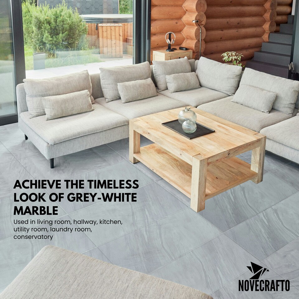 image 1 of NOVECRAFTO Vinyl Floor Tiles Self Adhesive – 12x24in Peel and Stick Waterproof Rectangular Flooring for Kitchen & Bathroom – Grey White Marble Effect Grey | 5.57 sqm