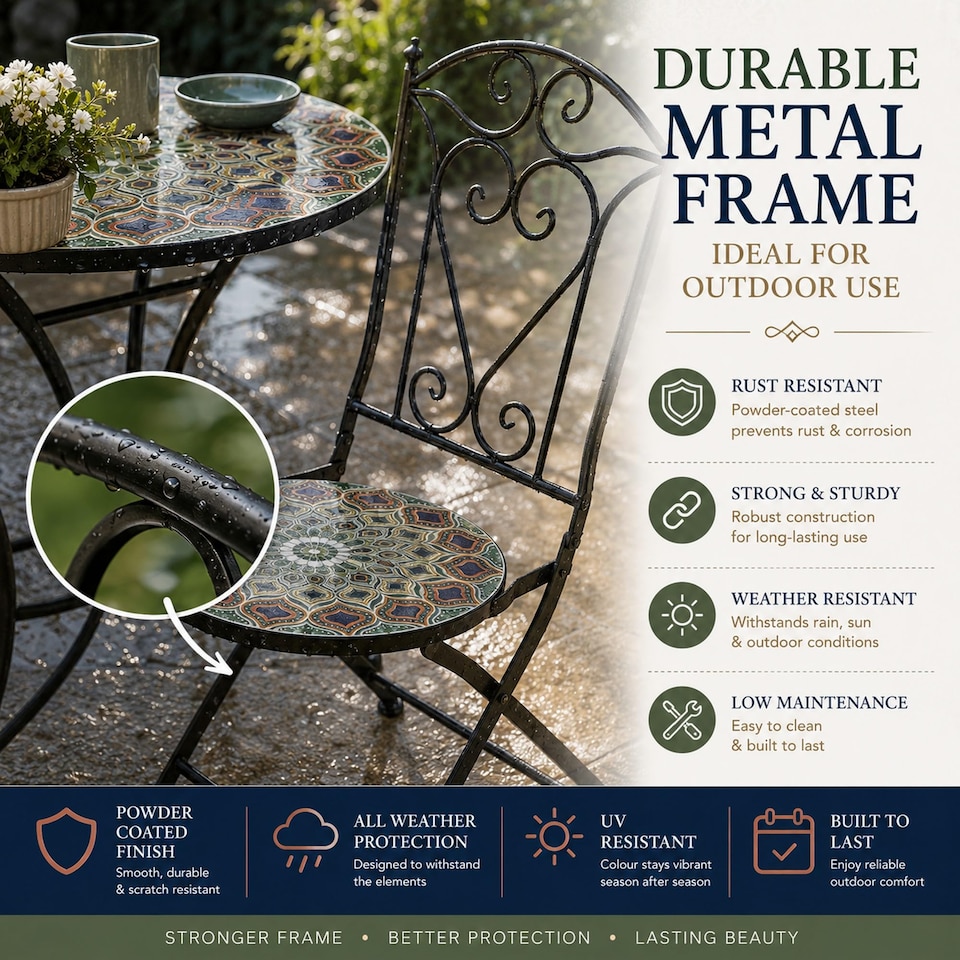image 1 of Mosaic Bistro Set with Round Table and Two Folding Chairs for Garden Patio Balcony and Outdoor Dining