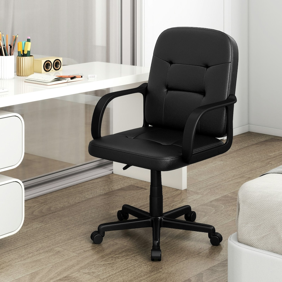 image 1 of COSTWAY Leather Office Chair PU Upholstered Swivel Chair Black