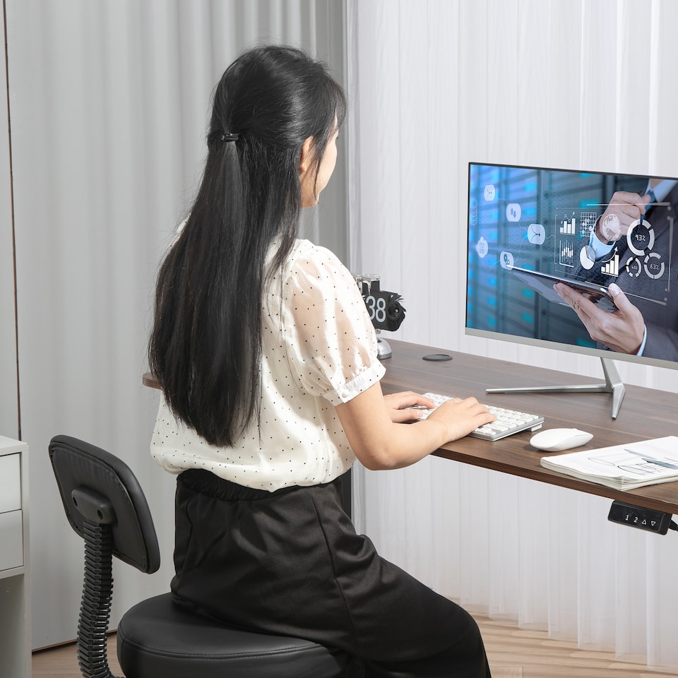 image 1 of HOMCOM Drafting Chair, Office Chair with Backrest and Adjustable Footrest, Height Adjustable Stool, Leather Padded Rolling Task Chair for Home Office, Black | Black