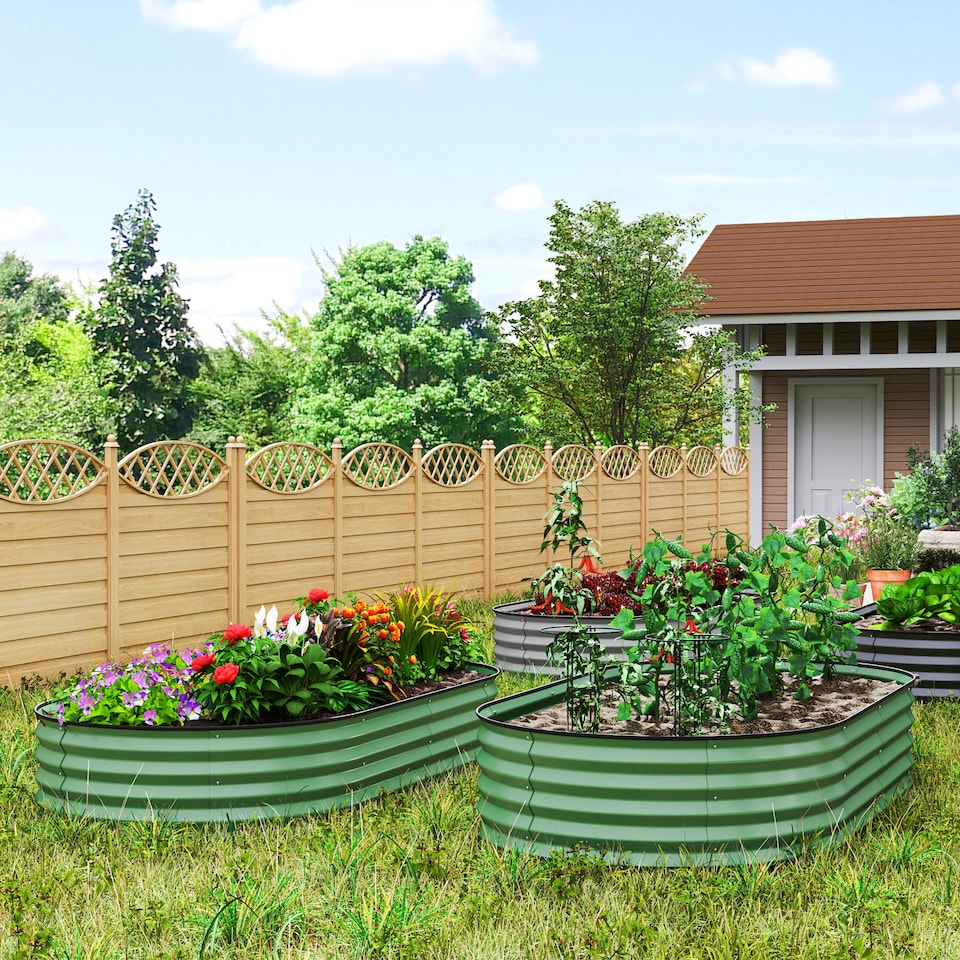 image 1 of Outsunny Set of 2 Raised Beds for Garden with Metal Plant Stakes, Dark Grey | Green | Green