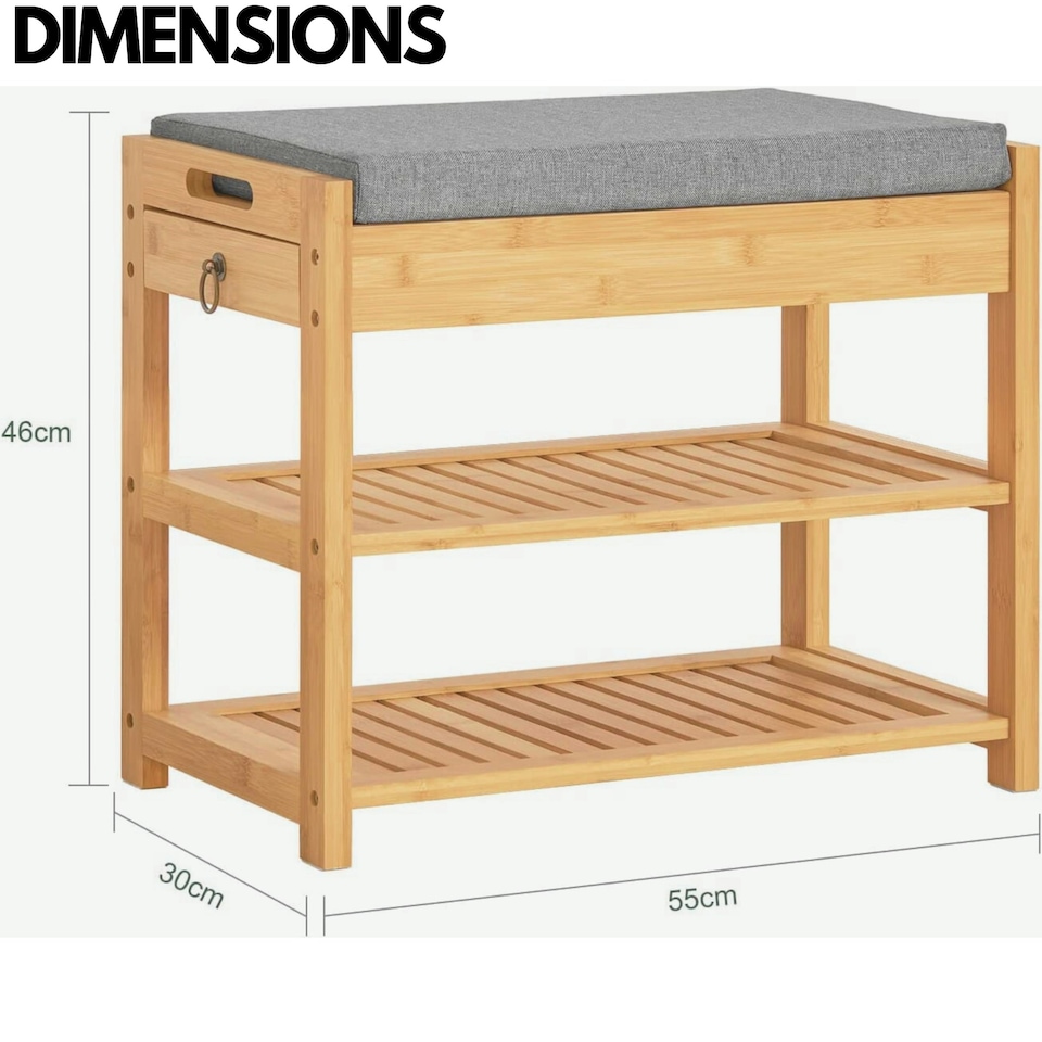 image 1 of Wooden Shoe Storage Bench With Hidden Drawer & Cushioned Seat Brown
