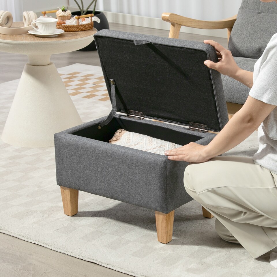 image 1 of HOMCOM Linen Storage Ottoman Storage Box with Rubberwood Legs, Charcoal Grey | Grey