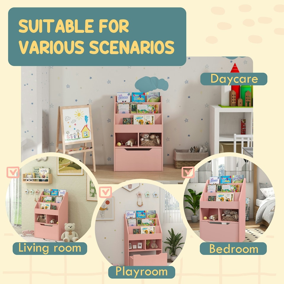 image 1 of HOMCOM Kids Bookshelf Bookcase with Storage Drawer with Wheels Toy Organiser | Pink