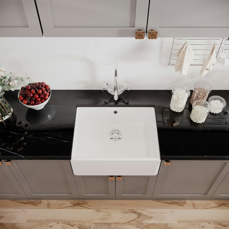 image 1 of 595mm - Single Bowl Fireclay Butler Kitchen Sink -  Overflow, Mixer Tap  & Waste