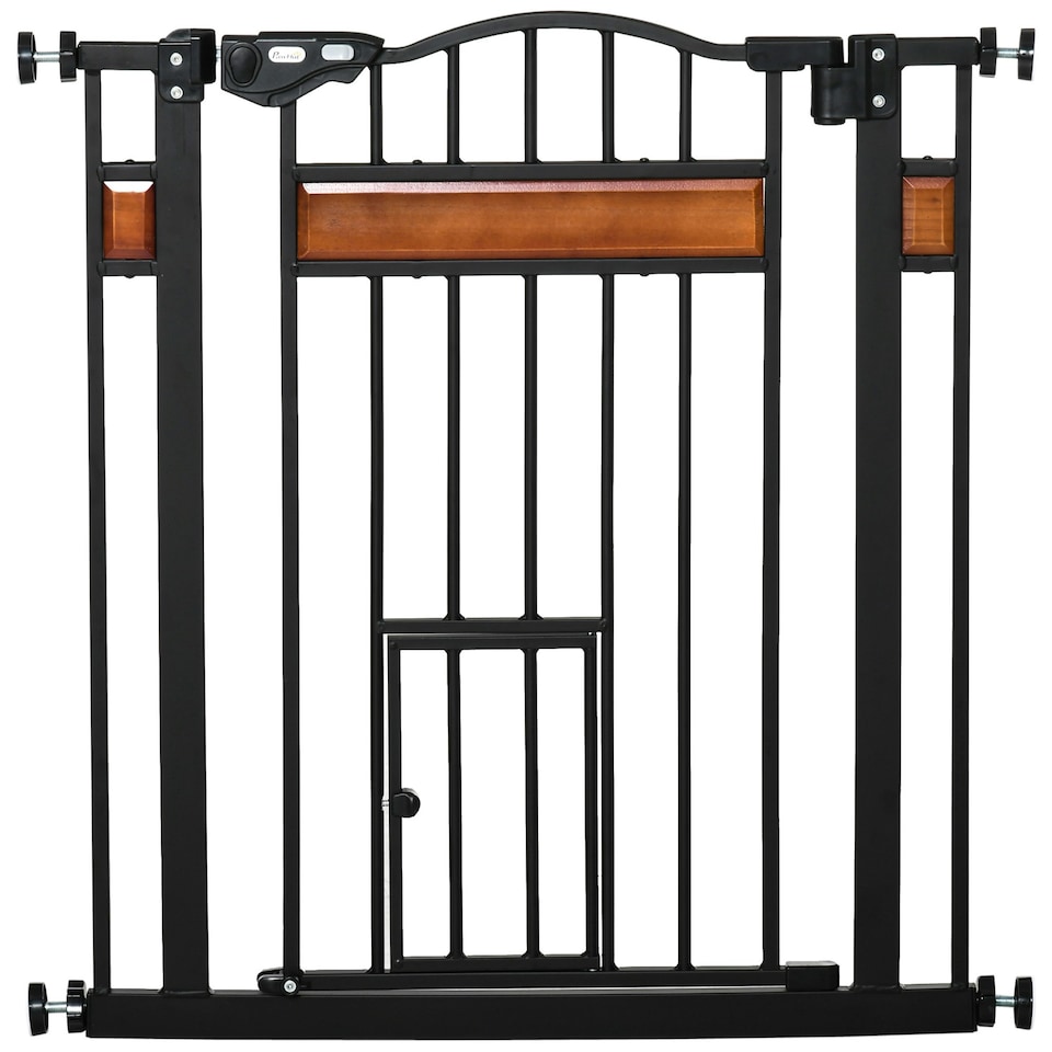 image 1 of PawHut Dog Gate Pet Safety Gate W/ Cat Door Auto Close Pine Decor 74-80 cm Wide