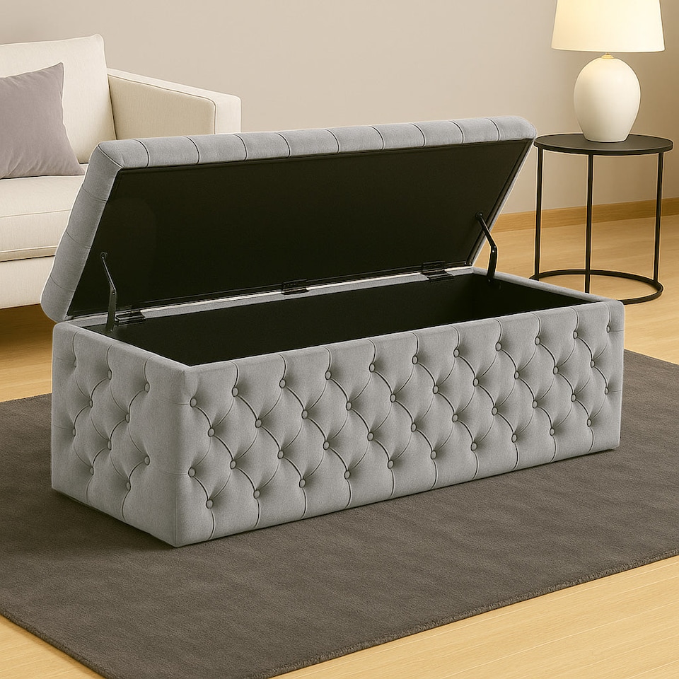 image 1 of 180cm Wide Lux Ottoman Storage Box, Silver Velvet Upholstered Chesterfield Storage Ottoman Box