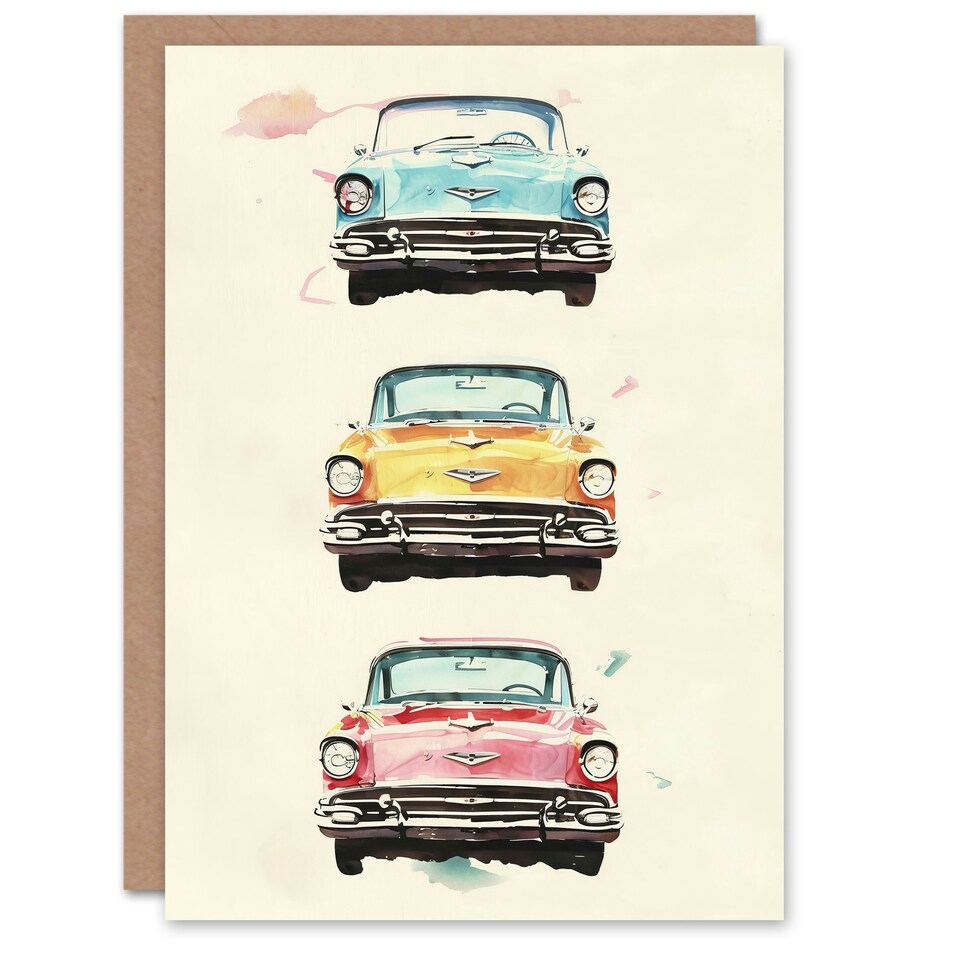 image 1 of Three Classic Vintage Cars Watercolour Him Birthday Card