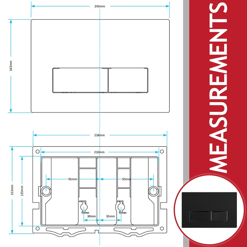 image 1 of SPARES2GO Luxury Concealed Toilet Cistern Flush Plate Kit for Wall Hung Frame (Matt Black, 245mm x 165mm)