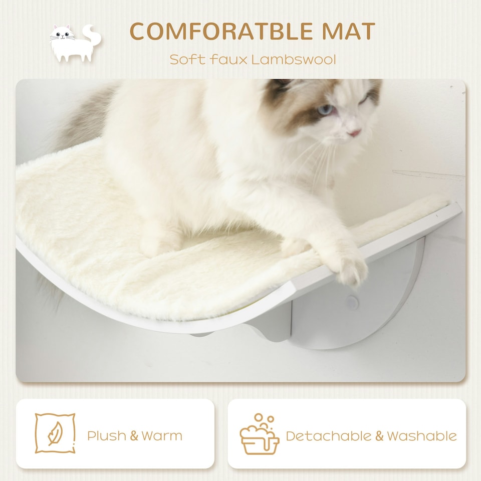 image 1 of PawHut Wood Cat Shelves, Wall-Mounted Cat Shelter, Curved Kitten Bed, White