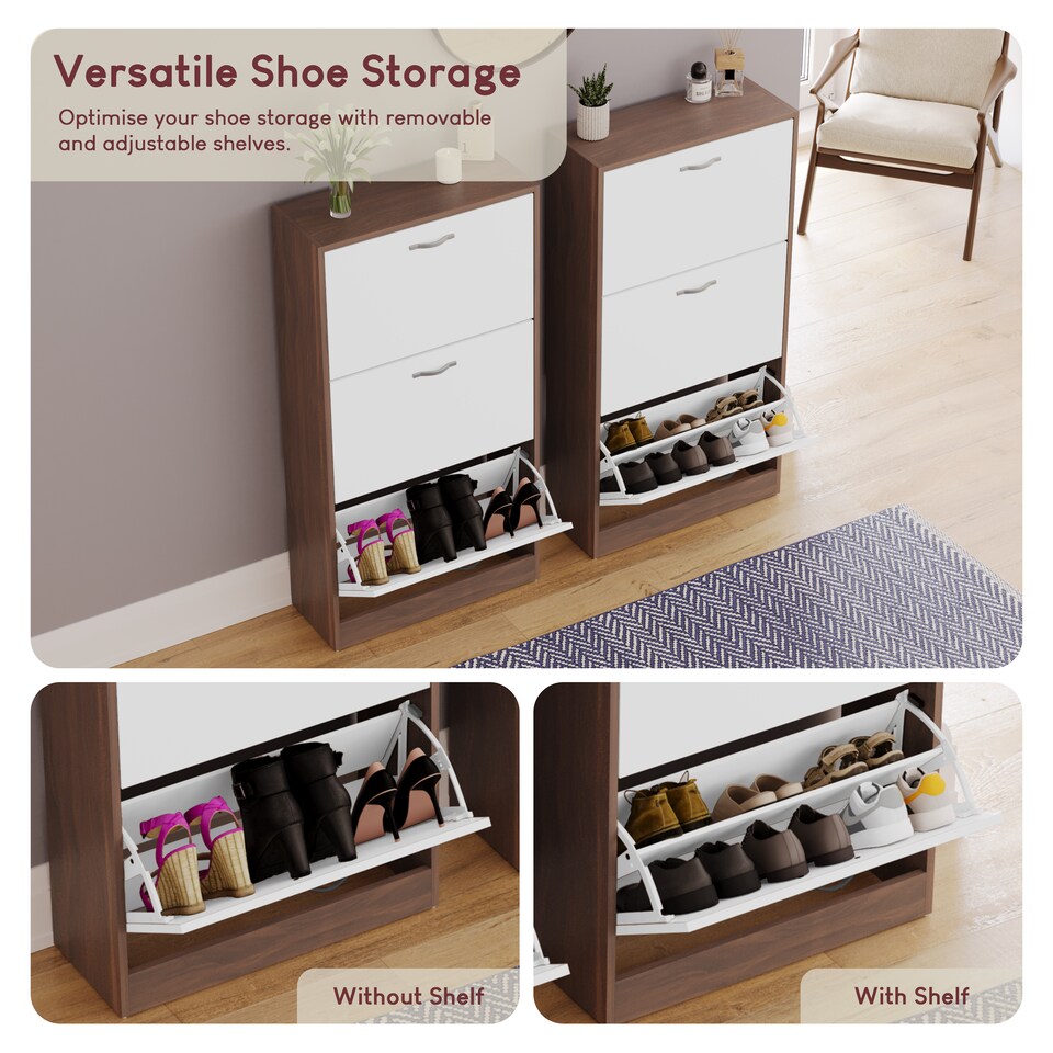image 1 of Vida Designs 3 Drawer Shoe Cabinet Shoe Rack Storage Cupboard, Walnut & White