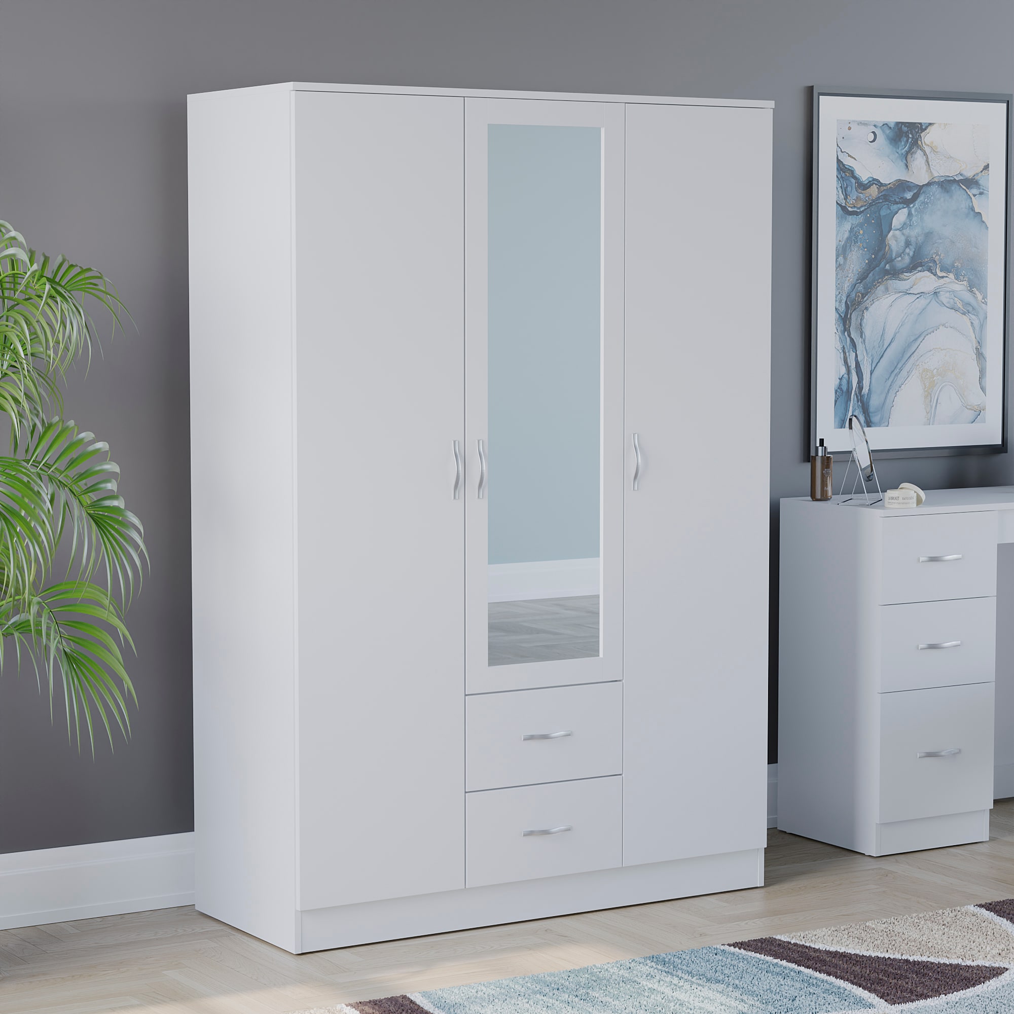 Vida Designs Riano 3 Door 2 Drawer Mirrored Wardrobe With Shelf & Clothes Rail, White