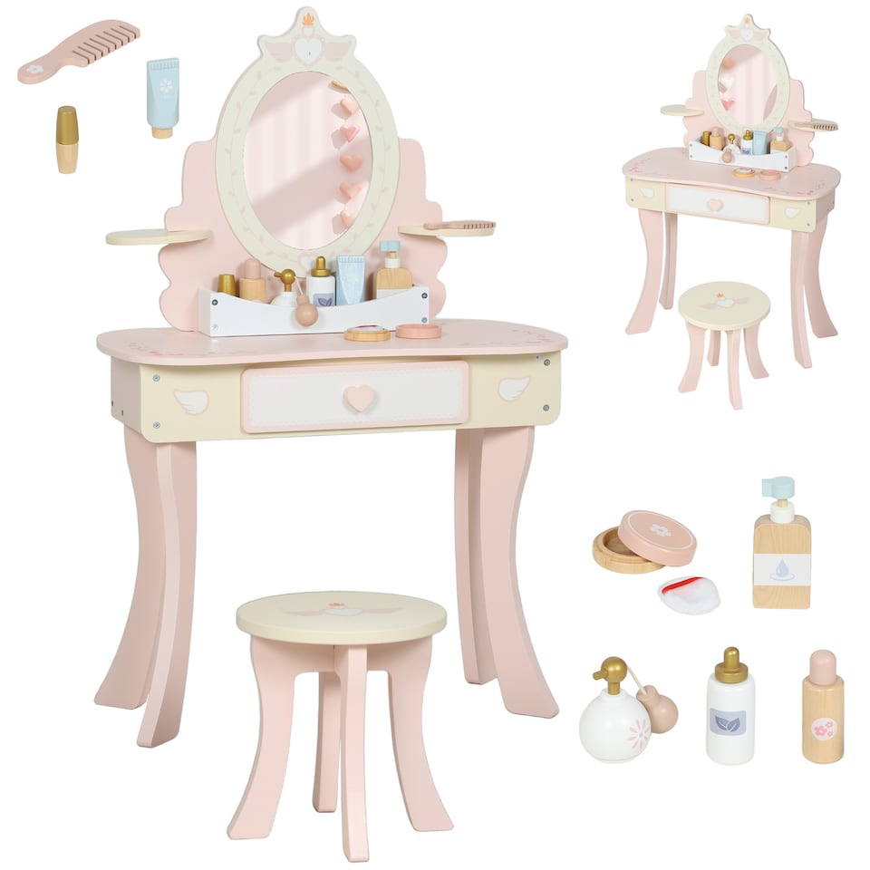 image 1 of AIYAPLAY Kids Dressing Table, Girls Vanity Set w/ Stool, 7 Play Accessories