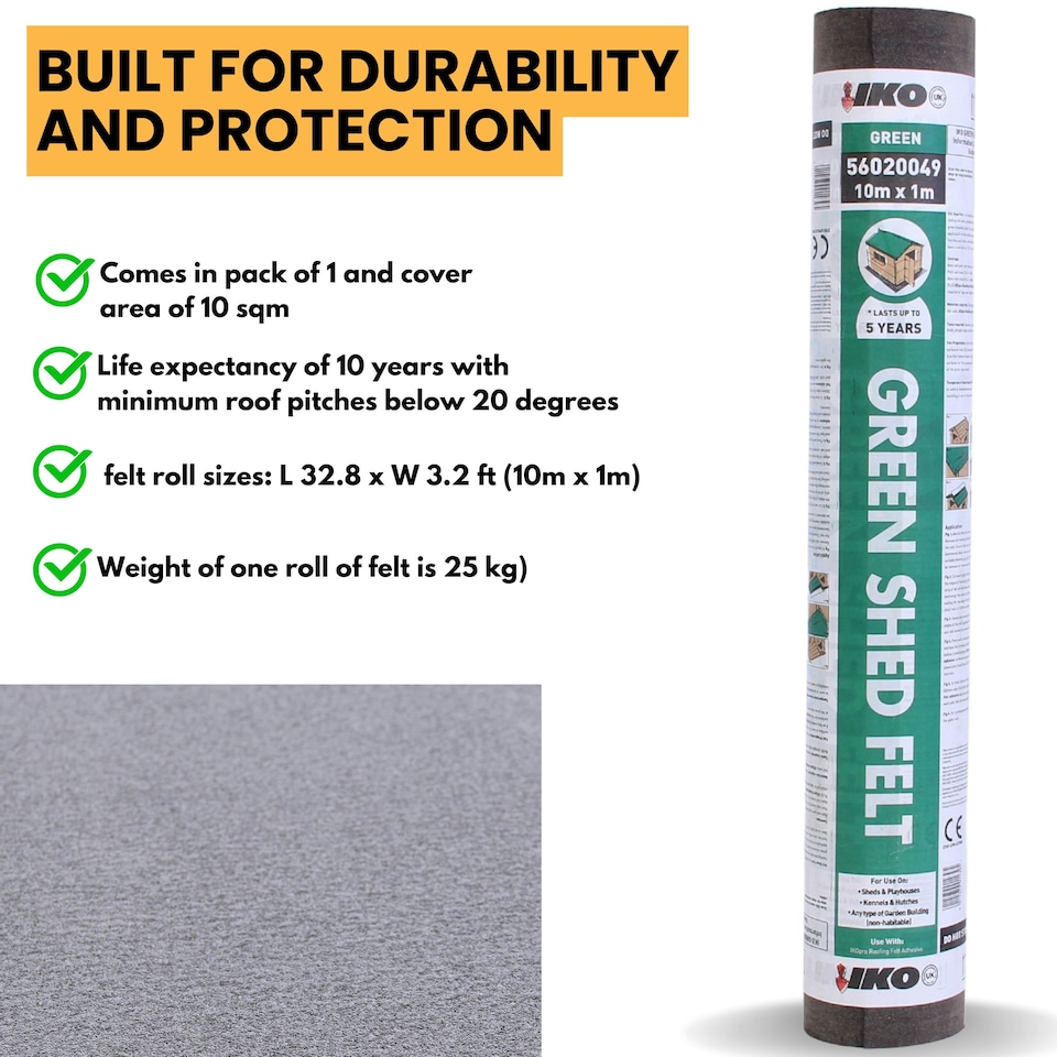 image 1 of NOVECRAFTO Polyester Shed Roofing Felt – Heavy-Duty Weatherproof Roof Felt Roll for Summerhouses, Sheds & Kennels – Premium Long-Life Roof Covering Green | 10m x 1m
