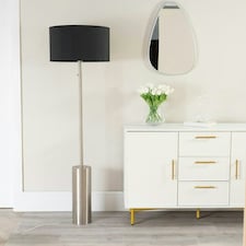 ValueLights Lexy Black Fabric Drum Shade with Brushed Chrome Dimmable Floor Lamp with LED Bulb