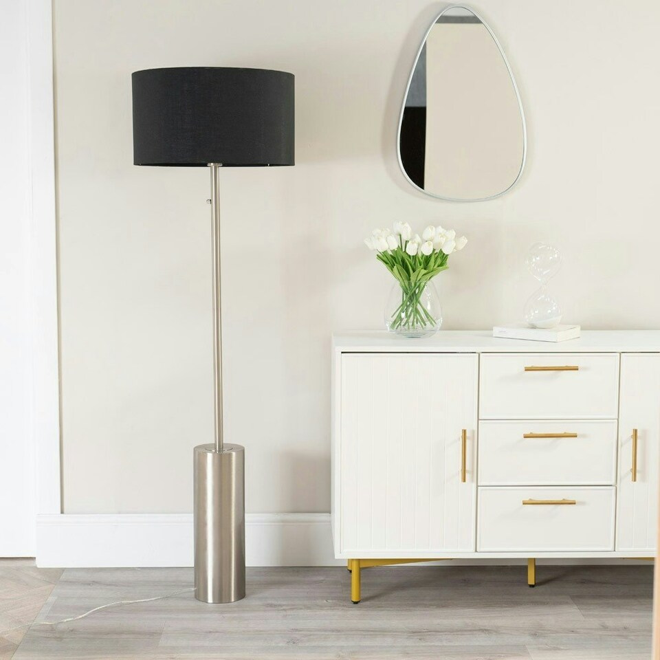 image 1 of ValueLights Lexy Black Fabric Drum Shade with Brushed Chrome Dimmable Floor Lamp with LED Bulb Black