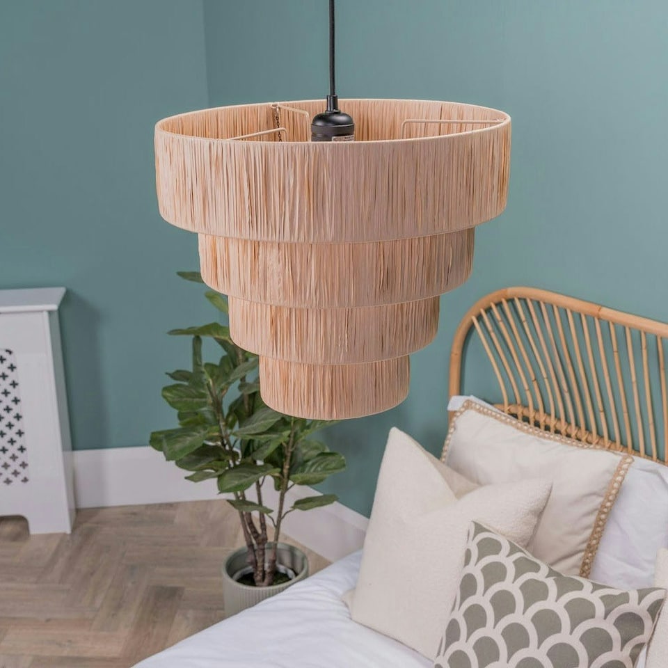 image 1 of ValueLights Easy Fit 4 Layer Natural Rattan Raffia Ceiling Pendant Light Shade + LED Bulb