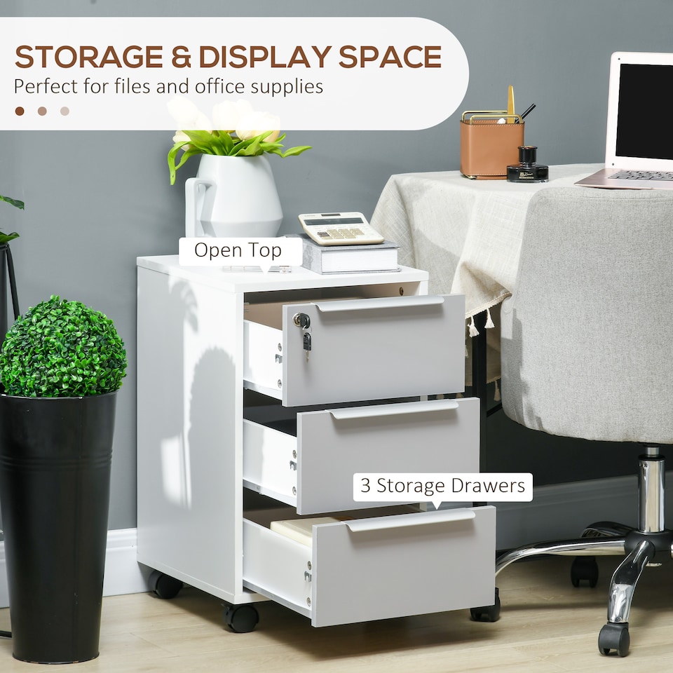 image 1 of HOMCOM 3-Drawer Lockable Filing Cabinet, File Cabinet on Wheels, Mobile Office Storage Drawers for Home Office, Bedroom and Living Room, White and Grey | White | White and Grey