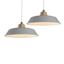 Set of 2 Jakob - Grey Metal and Wood Easy Fit Pendant Shades Grey | Brown