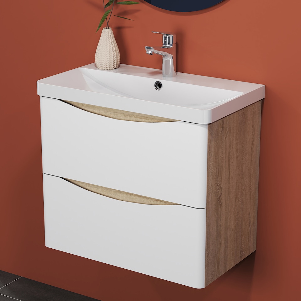 image 1 of AICA 600mm Wall-Hung White Bathroom Vanity Unit With Integrated Sink,2 Soft-Close Drawers for Storage