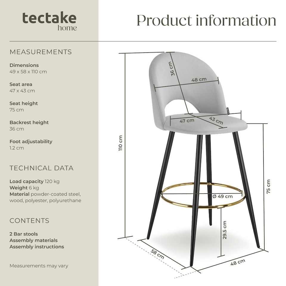 image 1 of Bar Stool Rachel with backrest and velvet look cover, 49 x 58 x 110 cm - Set of 2 Grey | Light Grey/Black