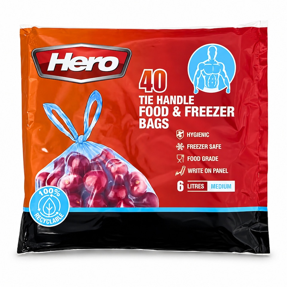 image 1 of Hero Tie Handle Food Storage Bags 6L Pack of 40 Reusable BPA Free Freezer & Sandwich Bags with Airtight Seal for Fruits, Vegetables, Meat and Grains